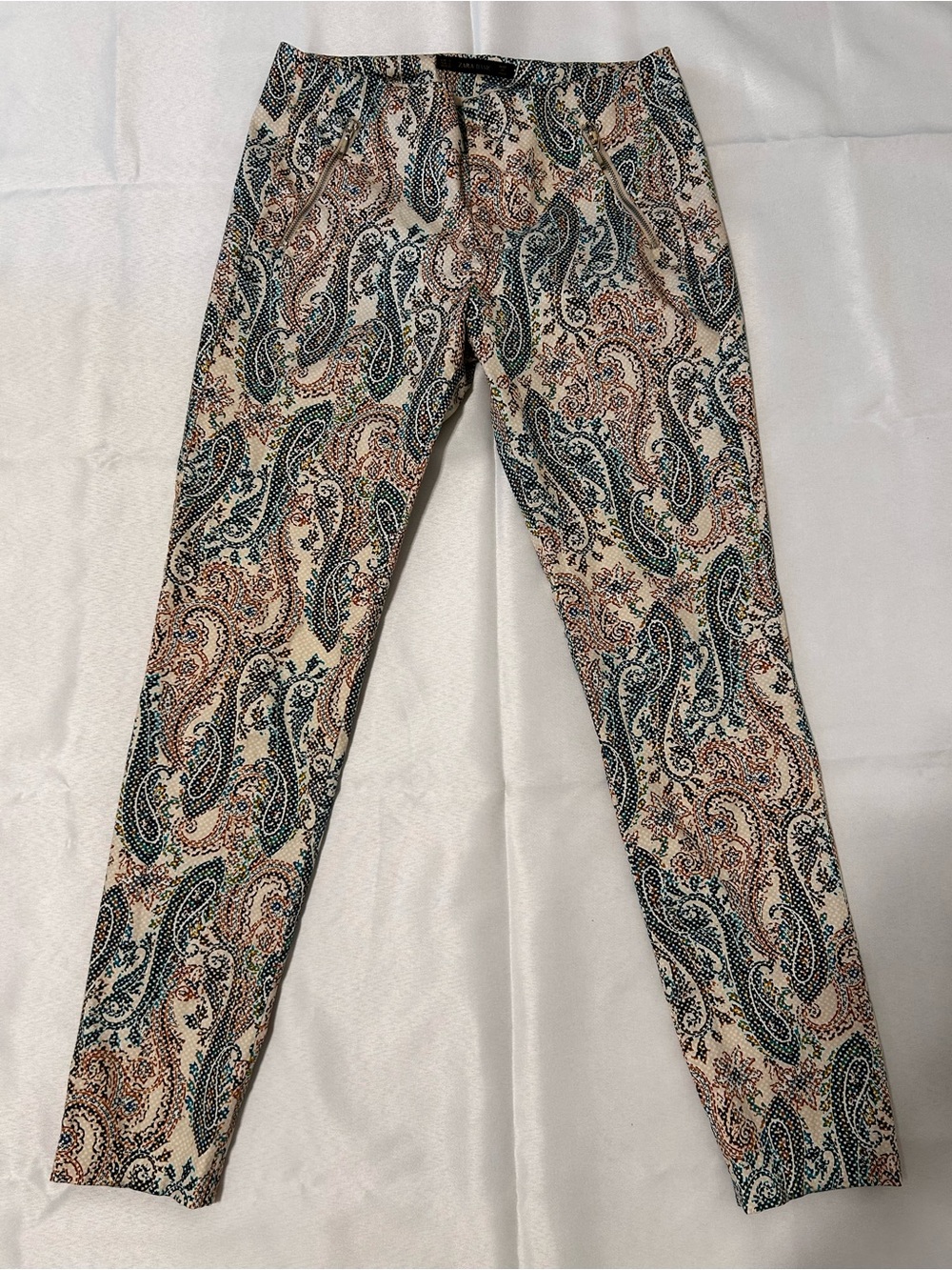 Zara Paisley Print Straight Leg Pants - Cream, Blue & Brown